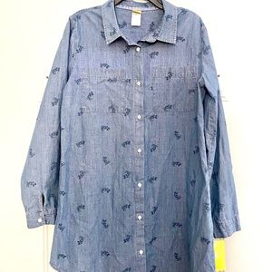 Disney LG Long Sleeve Chambray Blue Shirt with Mickey- NEW w/tags